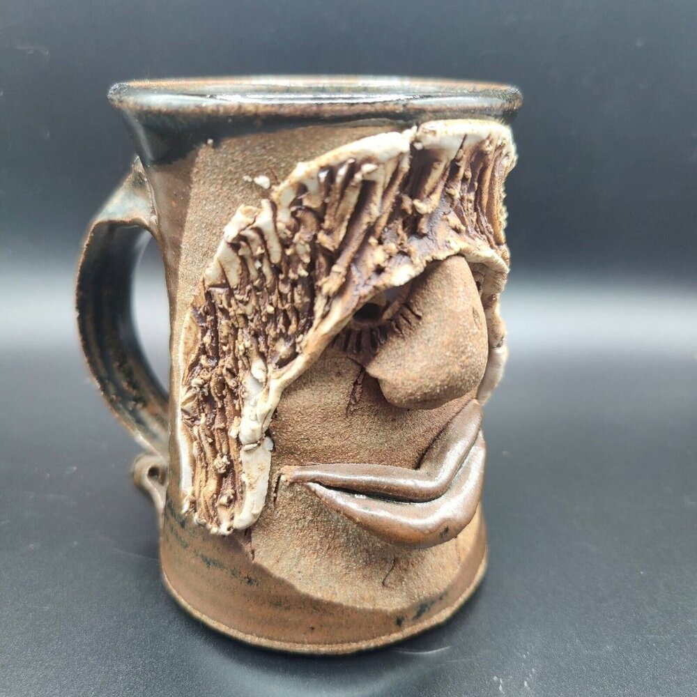 Ugly Funny Face 3D Stoneware Art Pottery Mug Coffee Cup Large Lips Unique Handle
